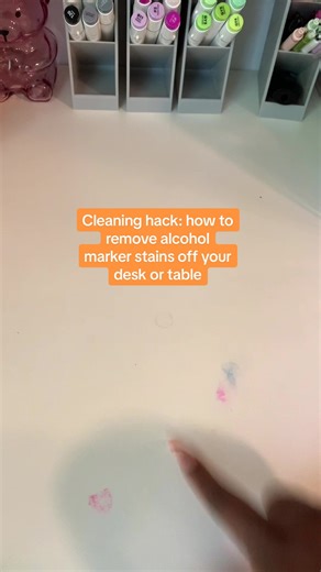 Cleaning hack: how to get alcohol marker stains off your desk or tablr #alcoholmarkers #cleanwithme #cleaninghack #stainhackremover #coloringtok #colortok #coloringcommunity #coloringforfun