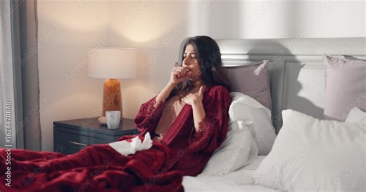 Cough, sick and tissues with woman in bed of home for illness emergency, germs and fatigue. Bacteria risk, allergies and fever with person in bedroom of apartment for virus infection and disease