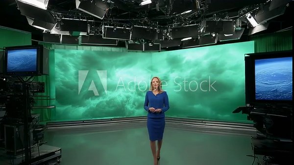 Broadcast meteorologist reads from a teleprompter while explaining intense storm patterns surrounded by soft boxes and multiple cameras in a modern greenscreen weather studio.