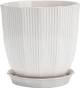 ADN Ceramic Planter - Large Plant Pot Indoor Ceramic Pots for Plants with Drainage Hole and Saucer for Home Decor, White, 8 Inch