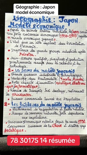 Bac : géographie japon : modèle économique#Géographie : Le modèle économique du Japon Introduction Après la Seconde Guerre mondiale, le Japon est un pays complètement détruit. Ses villes sont bombardées, son économie est en ruine et il perd une grande partie de son appareil industriel. Pourtant, entre 1950 et 1973, le pays connaît une croissance économique exceptionnelle appelée le « miracle économique japonais ». Argument Cette réussite est due à plusieurs facteurs : le rôle important de l’État