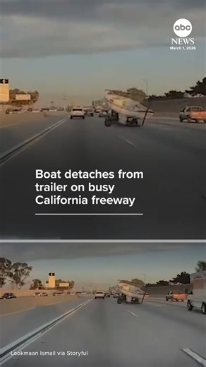 No injuries were reported after a boat detached from a trailer and went careening out of control on a Southern California freeway. https://abcnews.visitlink.me/oJiI8e | ABC News