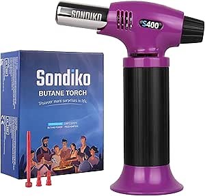 Sondiko Butane Torch Lighter, Refillable Kitchen Torch with Safety Lock and Adjustable Flame for Desserts, Creme Brulee, and Baking, Purple