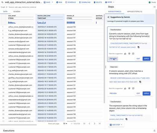 #BigQuery「データ準備機能」一般提供を開始📣 → https://goo.gle/3G7hGYa #Gemini がデータとスキーマを分析し、データのクリーニング、変換、拡充に関するコンテキストアウェアな提案を提供。BigQuery リポジトリと Git でコードを共同編集も可能。データ準備の面倒な作業が簡単になります💡 | Google Cloud