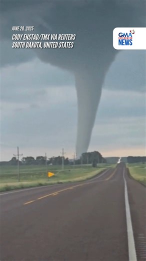 2.1M views · 10K reactions | WATCH: An eyewitness filmed himself on June 28, 2025, in front of a large tornado funnel on a road in Gary, South Dakota, United States, as storms caused damage across the north of the state. Storms and tornados swept through South Dakota over the weekend, causing widespread damage in the northeast of the state, local media reported. | via Reuters Video courtesy: Cody Enstad/TMX via Reuters | GMA News | Facebook