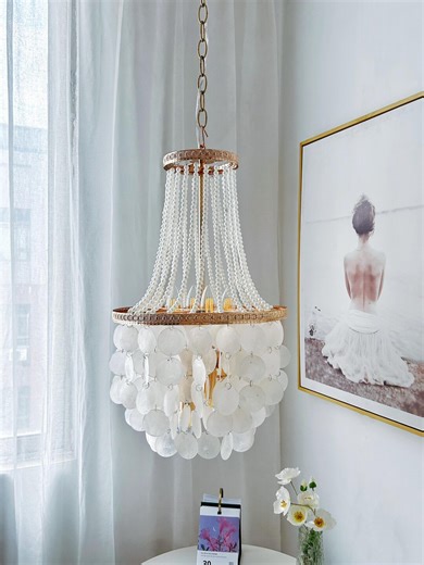 Capiz Shell Chandelier, Coastal Pendant Light, 5-light Gold Chandelier, Beach Style Lighting, Boho Ceiling Light, - Etsy