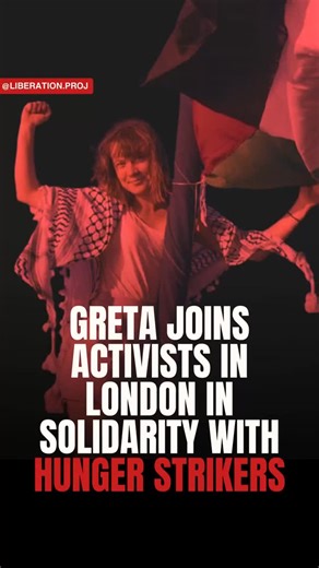 Liberation Project on Instagram: "Greta Thunberg joins activists in London for a demonstration in solidarity with the hunger strikers who are in British custody under no charges. Source: @europe.palestine.network (IG) #news #greta #london #gretathunberg #fyp"