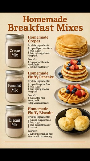 Perfect — here’s your ready-to-copy American English recipe post, written in your approved tone and structure, matching the Homemade Breakfast Mixes visual style: --- 🥞 MAMA’S EASY HOMEMADE BREAKFAST MIXES Simple, cozy, and budget-friendly — just like mornings at Grandma’s kitchen table. 💛 HOMEMADE CREPE MIX Dry Mix Ingredients: • 2 cups all-purpose flour • 2 tbsp sugar • 1 tbsp baking powder • ½ tsp salt To Make: • 1 cup crepe mix • ¼ cup milk • 2 tsp melted butter Mix until smooth and thin. 