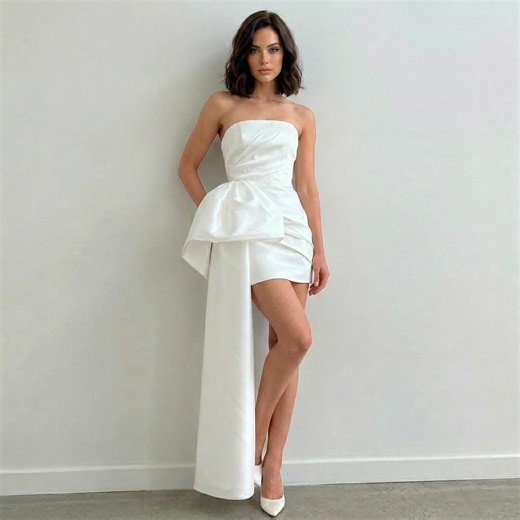 Strapless Satin Mini Prom Dress With Statement Train | Elegant White Sheath Cocktail Dress | Custom Size Bridesmaid Party Dress - Etsy