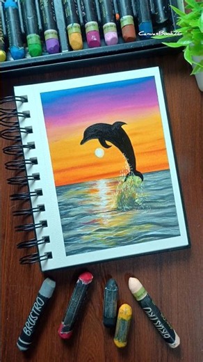 Dolphin Sunset Drawing With Oil pastels 🌅🐬l Easy Drawing Tutorial