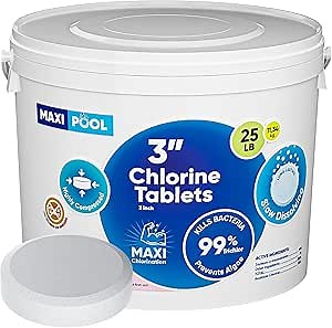 Amazon.com : MAXI POOL 3 Inch Stabilized Pool Chlorine Tablets - Best Value High-Compresed Pills for Above & In Ground Pools, Hot Tubs, Home Spa, Commercial Chemicals Chlorinating Tabs - 99.9% Trichlor, 25 LBS : Patio, Lawn & Garden