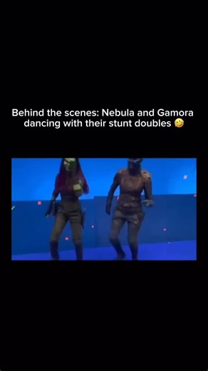 Movie Bloopers on Instagram: "A behind-the-scenes clip from the Guardians of the Galaxy films shows Nebula and Gamora dancing alongside their stunt doubles during a break in filming. Still in full makeup and costume, the performers move playfully to music on set, creating a humorous contrast to the characters’ normally serious and intense personalities. The moment highlights the long hours and heavy prosthetics involved in bringing the characters to life, while also showing how the cast and stun