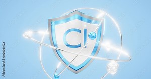 Cl symbol located on a shield with electrons and orbits spinning around, chemical element Chlorine, 3d rendering on a blue background