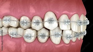 Abnormal teeth position and correction with clear braces tretament. Medically accurate dental 3D animation