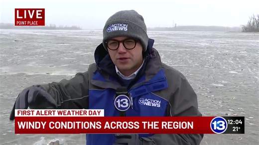 Strong winds in the area today have knocked down power lines, caused travel restrictions and even created a seiche on Lake Erie. 13 Action News reporter Ethan Watts is braving the cold to give us a look. | 13abc