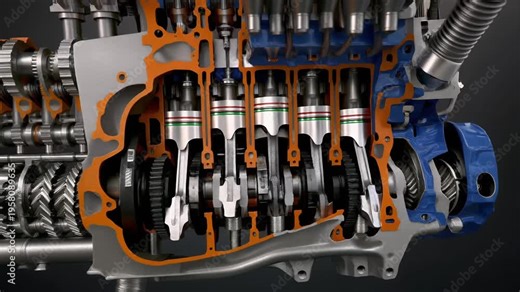 Cutaway four cylinder engine pistons and crankshaft in motion.