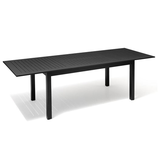 Check The Home Depot's Q&A Before Buying: Pellebant 63 - 95 in. Aluminum Extendable Black Rectangular Outdoor Patio Dining Table Seats 6 - 8