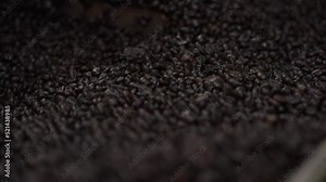 Close-up, Roasted brown coffee beans as background. Roasting coffee transforms to roasted coffee.