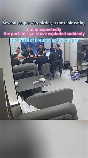 Several people were sitting at the table eating, but unexpectedly, the portable gas stove exploded
