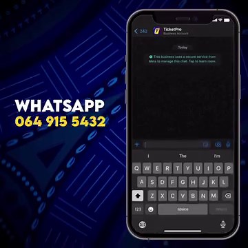 Ticketpro is now on WhatsApp! Purchase and pay for your event tickets with just a few taps. To get started, simply WhatsApp us at 064 915 5432 and follow the prompts on your screen. It’s that easy! Experience the convenience with Ticketpro and purchase your tickets on WhatsApp today! | Ticketpro | Facebook