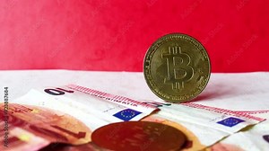 Bitcoin, place pour titres, BTC, euro, ordinateur, portable, pièce, fond uni, bicolor, mouvement, crypto, titre financier, actif, revenue passif, switch, devise, monnaie, finance, argent liquide, affa