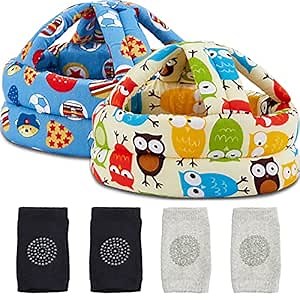 Geyoga 2 Pack Baby Head Protector with 2 Pair Toddler Knee Pads Baby Helmet for Crawling Walking Adjustable Soft Safety Headguard Toddler Protective Cap 6-12 Months 1-2 Years Old(Soccer, Owl Style)