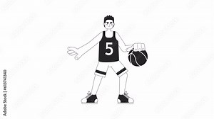 Animated bw basketball player. African american sportsman dribbling basketball isolated 2D animation. Cartoon monochrome thin line character 4K video footage, alpha channel transparency for web design