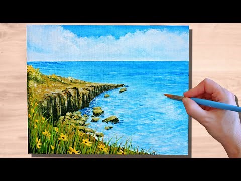Acrylic Painting Cliff Rocks Seascape | Acrylic Painting for Beginners Landscape Painting Tutorial