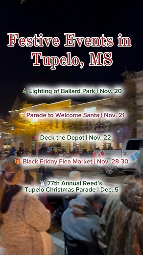 🌟 The holidays have arrived in Tupelo! Experience the magic, the lights, and all the festive cheer coming your way with these festive events! 👇 🎄 Lighting of Ballard Park | Nov. 20 | 6-7 PM 🎅 Parade to Welcome Santa to The Mall at Barnes Crossing | Nov. 21 | 6-7 PM 🛷 Downtown Tupelo's Deck the Depot | Nov. 22 | 10 AM - 4PM 🎁 Black Friday Flea Market | Nov. 28-30 ☃️ 77th Annual Reed's Tupelo Christmas Parade | Dec. 5 | 6-8 PM 🔗 for more info! https://bit.ly/3Y9plML #mytupelo #events #holid