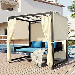 Outdoor Sun Swing Bed for 2-3 People Patio Swings with Canopy Swing Chair with Removable Curtains Porch Sunbed for Balconies Gardens Front Porch Lawn, Durable PE Rattan & Steel Frame, Blue
