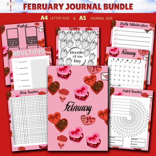 February Journal Bundle - Bows - PRINTABLE Journal Pages - PRE-COLOURED Pages - February Planner - February Agenda - Printable Planner - Etsy
