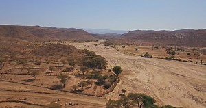 Aerial drone Somali desert Region of Ethiopia Butajira a small village rural community.The state borders the Ethiopian states of Afar, Dire Dawa (Diridhawa), Oromia to the west, as well as Djibouti