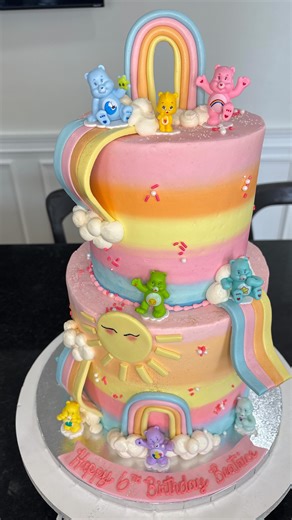 From blank cake to full @carebears magic! 🌈✨ This sweet little project came together one colorful detail at a time—hand-rolled fondant rainbows, a sun shaped by hand, and all the bright, happy pieces that make a Care Bears cake feel extra cheerful. The adorable Care Bears themselves were added last, bringing the whole scene to life. There’s just something joyful about building a cake from start to finish and watching it transform into something that feels straight out of childhood. Bright color