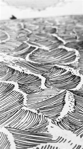 Takao Miura on Instagram: "How I draw a calm ocean with gentle waves 🌊 穏やかな波のある海の描き方 If you’re interested in drawing the ocean, these tips may be helpful. Lines can show the movement of waves, but they’re a bit difficult to draw without guide lines. Here are the tips below ⬇️ 1️⃣ Draw a horizontal line to divide the sky and the ocean. 2️⃣ Draw diagonal guide lines so they cross. To create depth, space the lines wider in the foreground and closer together in the background. 3️⃣ Draw waves inside