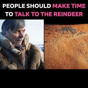 In James Fox's new series Nature and Us, we meet a contemporary Sami Reindeer Herder in northern Norway, Nils Peder, whose way of life is still influenced by a belief in nature’s spiritual energy and power. Looking at a spectacular 12,000 year-old flint carving of a reindeer, James speculates that these objects could have been hunters' talismans, worn to bring good luck during the hunt. | BBC Arts