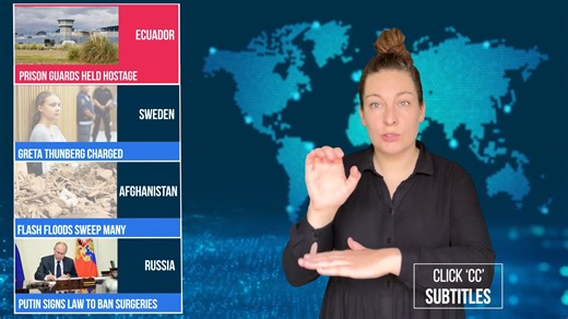 WorldSign Week | 28 July 2023 WorldSign Week - What’s new? 1. ECUADOR: Prison guards held hostage 2. SWEDEN: Greta Thunberg charged 3. AFGHANISTAN: Flash floods sweep many 4. RUSSIA: Putin signs law to ban surgeries Visit www.h3world.tv for more shows and news! #H3WorldTV #Deaf #WorldSignWeek #InternationalSign #SignLanguage | H3 World TV