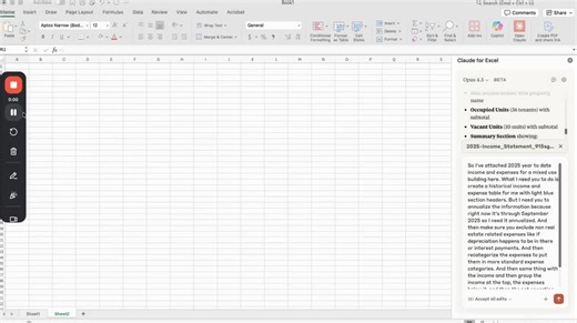 I've been playing around with the new Claude for Excel plugin for Microsoft Excel. I like it. Here's a demo video just showing one quick use case. It can legitimately save you hours and hours of time… | Justin C. Gohn, MAI, SRA | 14 comments