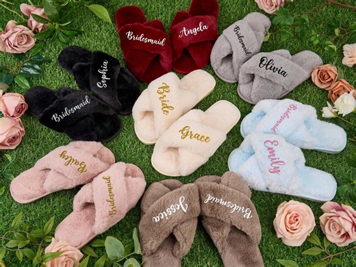 Custom Cross Slippers With Name Bridesmaid Fluffy Slippers Bride Slippers Bridesmaid Proposal Bridesmaid Gifts Bridal Party Gifts for Her - Etsy