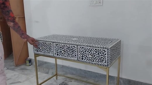 Bone Inlay 3-drawer Vanity Table – Navy Blue Scroll Vine Pattern, Console, Work-desk, Study-table, Drawer-storage - Etsy