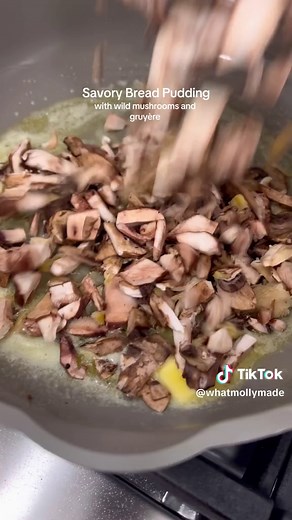 Day 11 🦃 Savory Bread Pudding! Layers of soft bread, wild mushrooms and herbs, and an egg custard with gruyere cheese! Put it in the fridge to soak overnight and bake in the morning. Or save it for a side dish! #thanksgivingbreakfast #thanksgivingsides