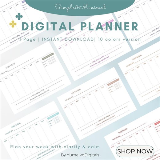 Simple Weekly Planner – One Page Layout – 10 Color Versions – Minimal & Visual - Etsy
