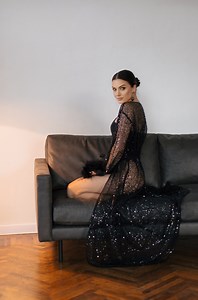 Enchanting Nights: Black Sheer Robe With Beads, Sequins, and Glamorous Feathered Sleeves - Etsy