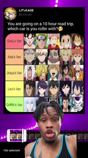 10 hour anime road trip, whic hcar you rolling with? #anime #shizzlemac