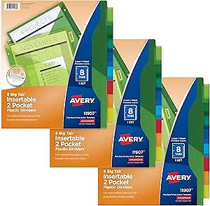 Avery Dividers for 3 Ring Binders, 8-Tab Sets, Two-Pocket Plastic Binder Dividers with Tabs, Multicolor, 3 Sets (71907)