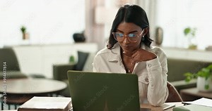 Laptop, Indian woman and student for online, typing and home with book for studying or project. Living room, research proposal and university learner, essay and female person with computer for email