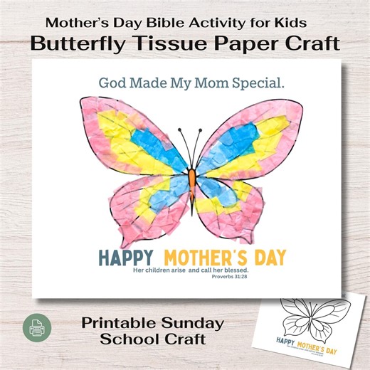 Mother's Day Butterfly Tissue Paper Craft for Kids (printable Sunday School Activity) - Etsy