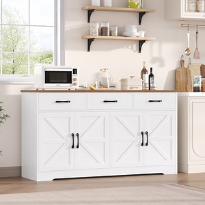 Homfa 59"W Farmhouse Kitchen Sideboard Credenza, Lengthen Storage Cabinet for Dining Room, 4-Doors 3-Drawer Wood Buffet with Adjustable Shelves, White