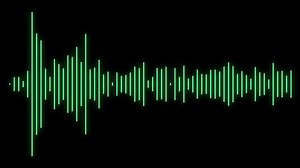 Audio spectrum or waveform, animation, sound waveform on black background. Audio signal.