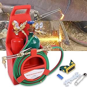Oxy Acetylene Torch Kit, Oxygen and Acetylene Tanks with Long Pipe Brass Nozzle, Professional Portable Oxy Acetylene Torch Kit with Oxygen Cylinder and Acetylene Cylinder (Empty) (Red)
