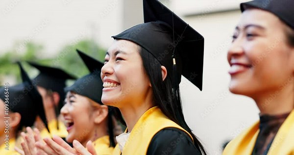 Graduation, woman and applause for success, achievement or goals at college celebration. Happy Japanese people, clapping hands and education for hope, winning students and smile for academy friends
